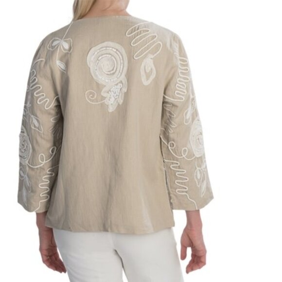 TravelSmith Applique Embroidery Trapunto Open Front LinenCotton Lined Jacket New - Picture 2 of 14